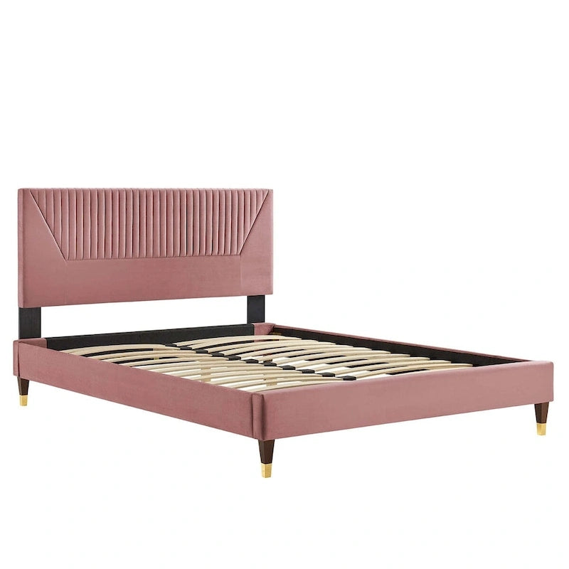 Lit plateforme king en velours performant capitonné Yasmine