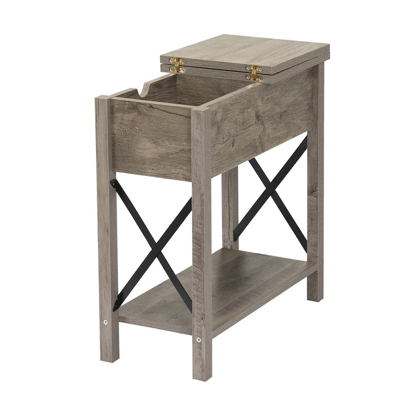Table de chevet de style campagnard avec plateau rabattable, tiroir, 2 prises secteur et 2 ports USB.