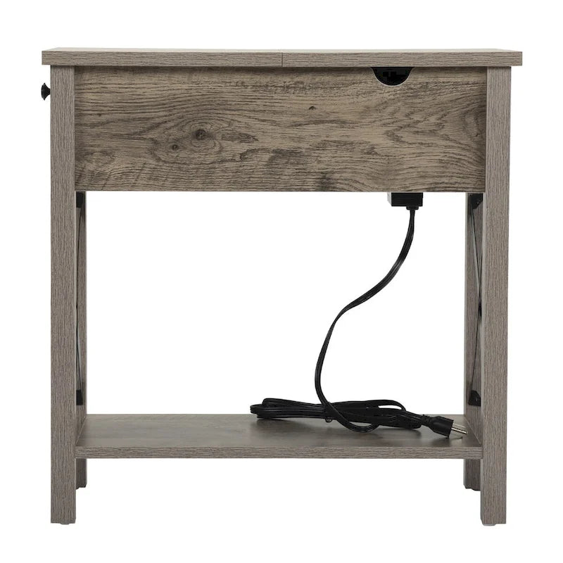 Table de chevet de style campagnard avec plateau rabattable, tiroir, 2 prises secteur et 2 ports USB.