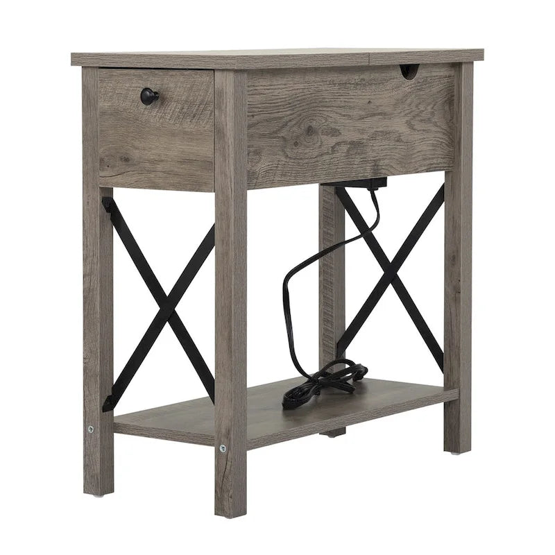 Table de chevet de style campagnard avec plateau rabattable, tiroir, 2 prises secteur et 2 ports USB.