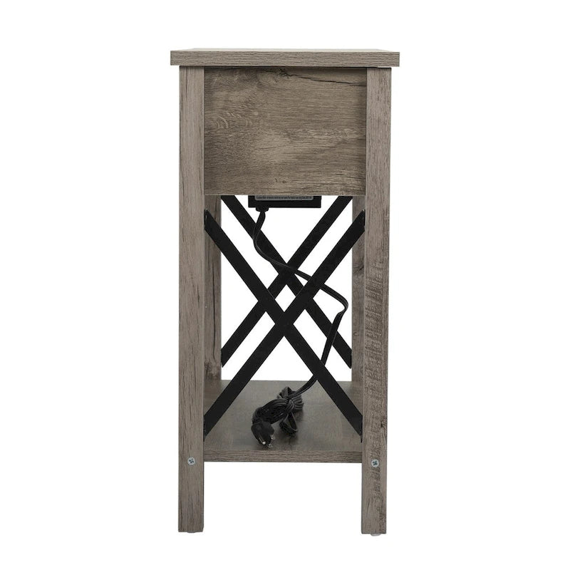 Table de chevet de style campagnard avec plateau rabattable, tiroir, 2 prises secteur et 2 ports USB.