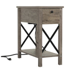 Table de chevet de style campagnard avec plateau rabattable, tiroir, 2 prises secteur et 2 ports USB.