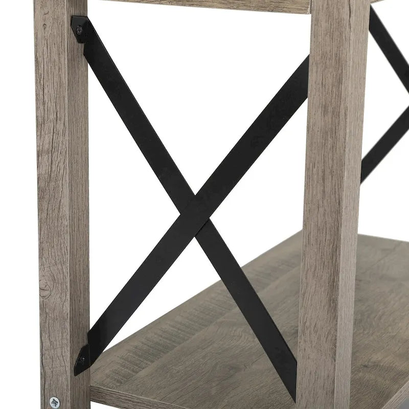 Table de chevet de style campagnard avec plateau rabattable, tiroir, 2 prises secteur et 2 ports USB.