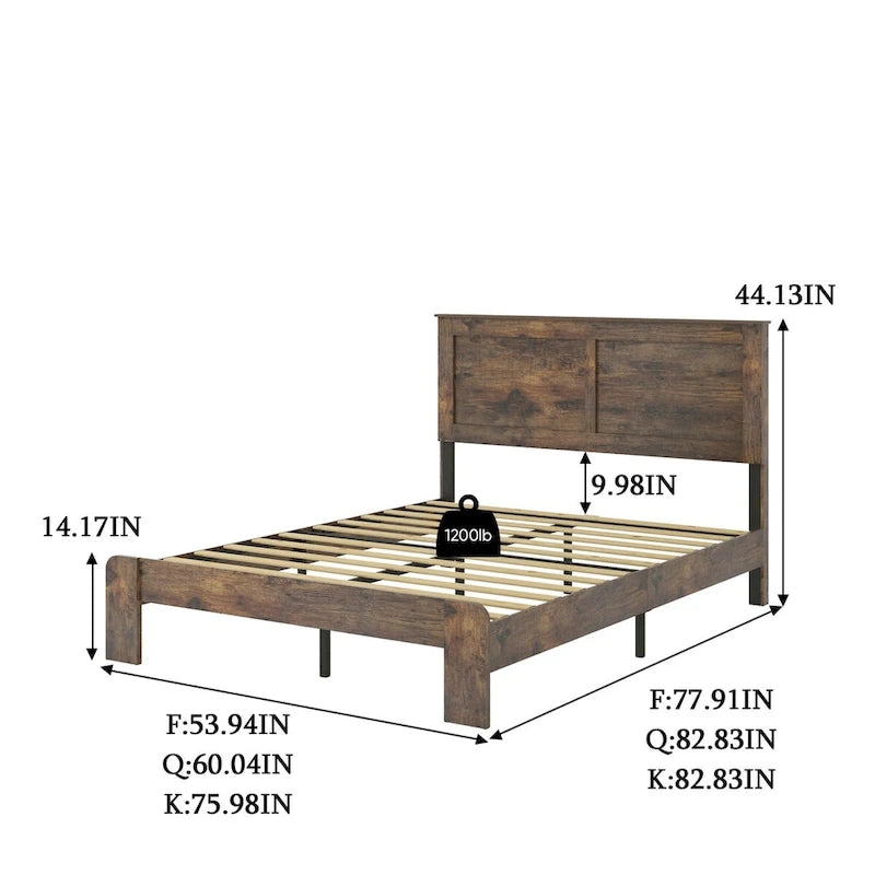 Lit plateforme en bois brun foncé, taille standard, pour chambre à coucher