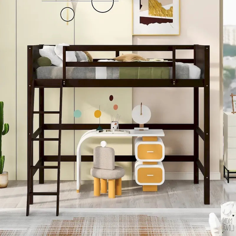 Lit mezzanine simple en bois massif avec échelle
