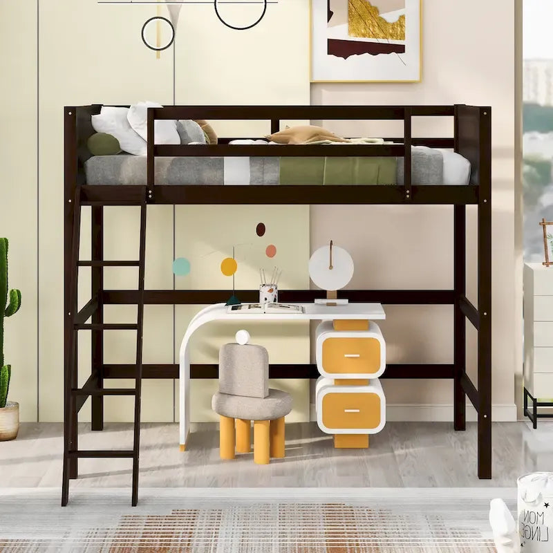 Lit mezzanine simple en bois massif avec échelle