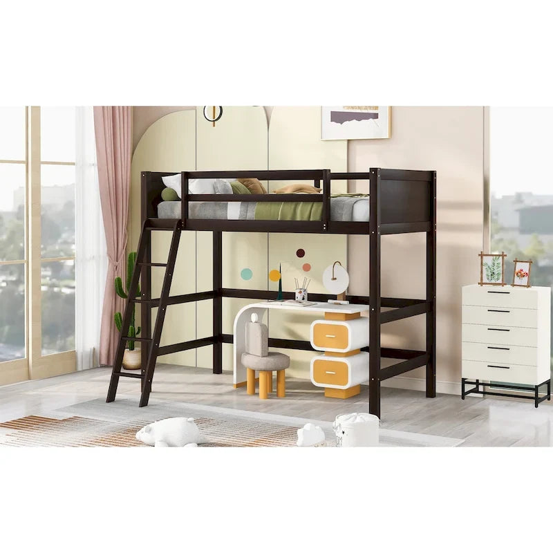Lit mezzanine simple en bois massif avec échelle