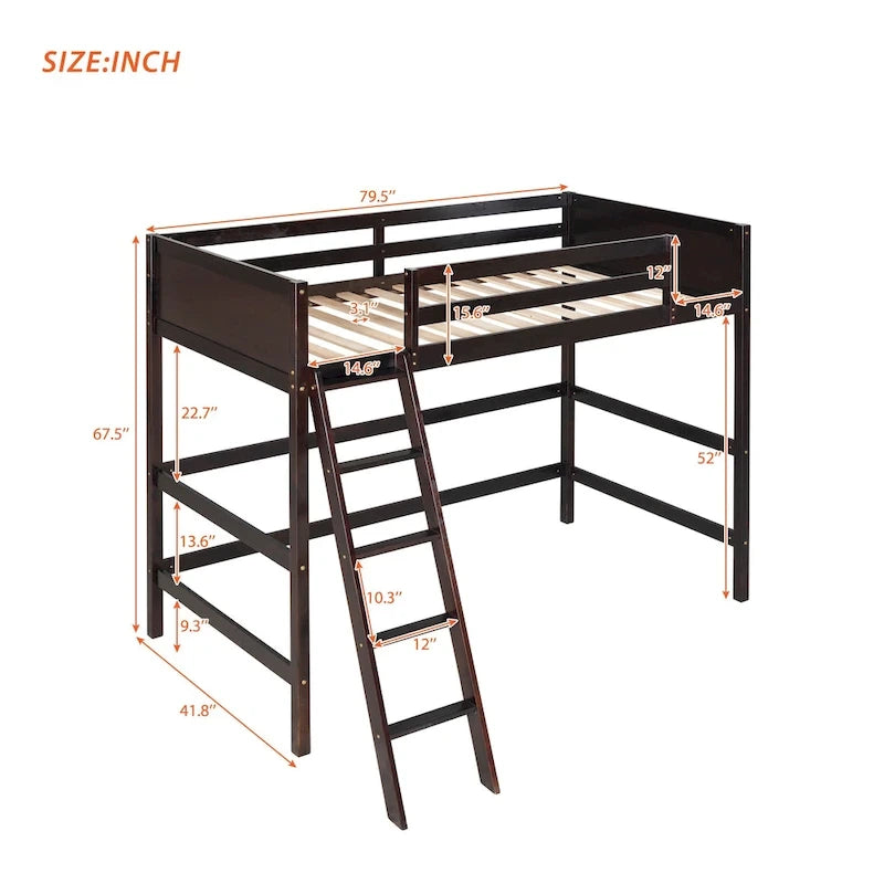 Lit mezzanine simple en bois massif avec échelle