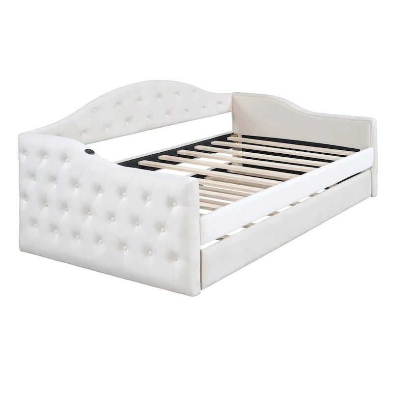 Lit de jour capitonné deux places avec lit gigogne, canapé-lit en velours avec ports de chargement USB et Type-C, sommier non requis