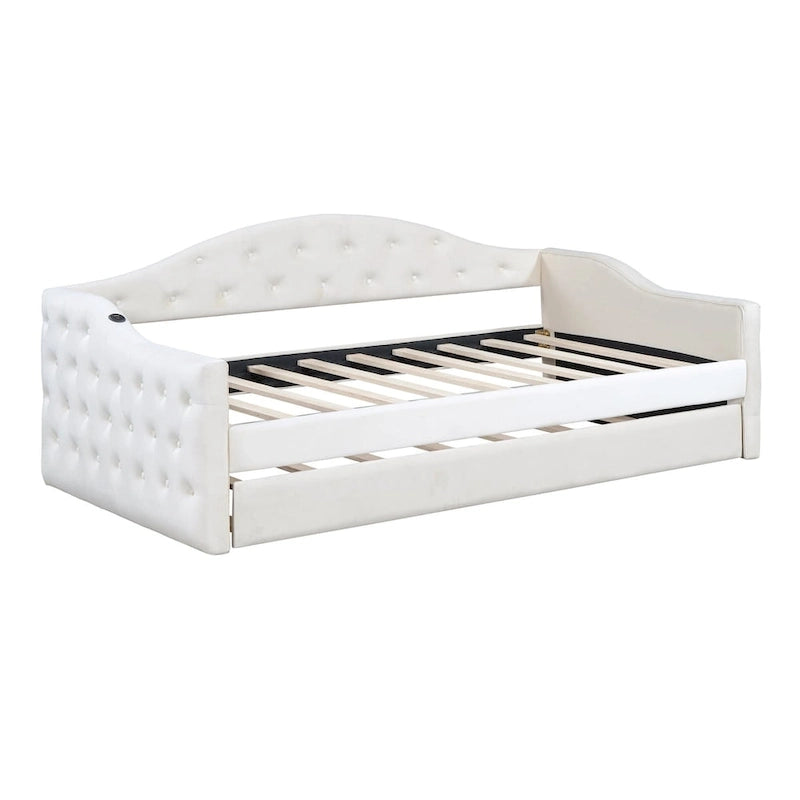 Lit de jour capitonné deux places avec lit gigogne, canapé-lit en velours avec ports de chargement USB et Type-C, sommier non requis