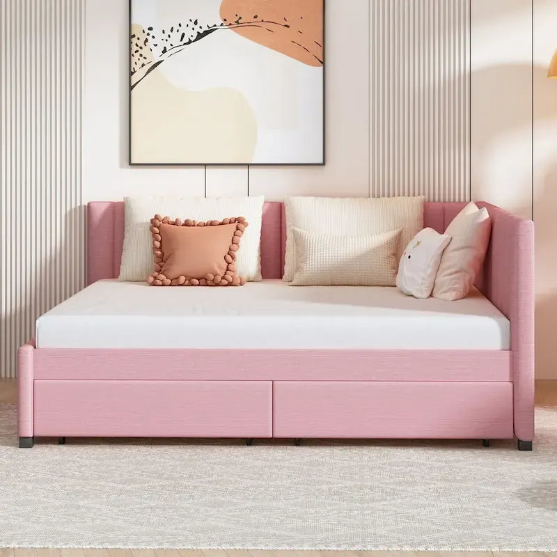 Lit de jour rembourré pleine grandeur avec 2 tiroirs de rangement - Cadre de canapé-lit
