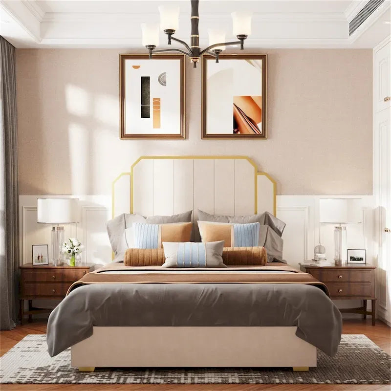 Cadre de lit Queen Size et tête de lit de 59,06 po avec garniture dorée