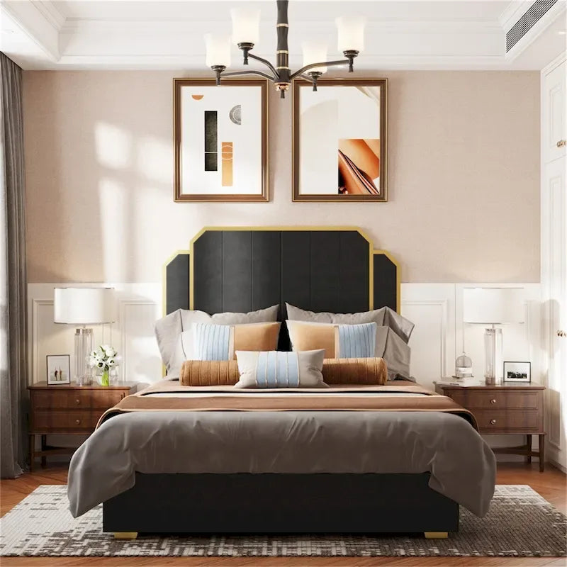 Cadre de lit Queen Size et tête de lit de 59,06 po avec garniture dorée