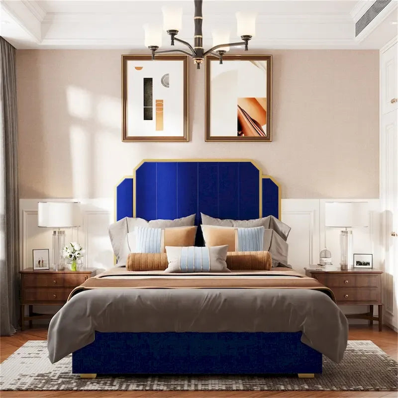 Cadre de lit Queen Size et tête de lit de 59,06 po avec garniture dorée