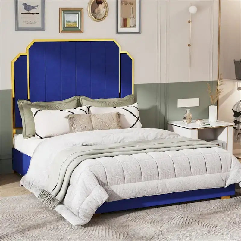 Cadre de lit Queen Size et tête de lit de 59,06 po avec garniture dorée