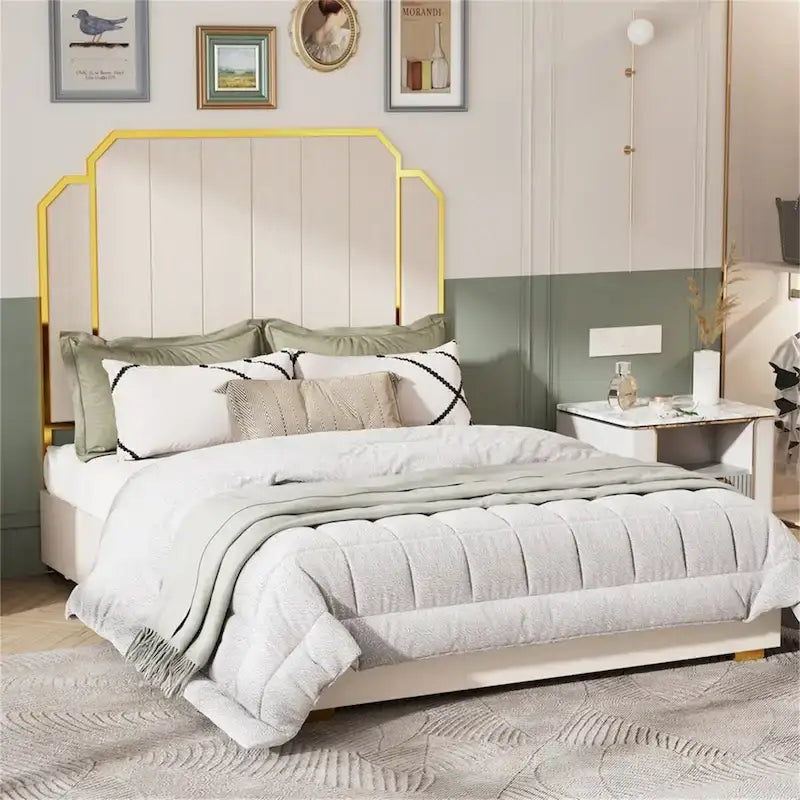 Cadre de lit Queen Size et tête de lit de 59,06 po avec garniture dorée