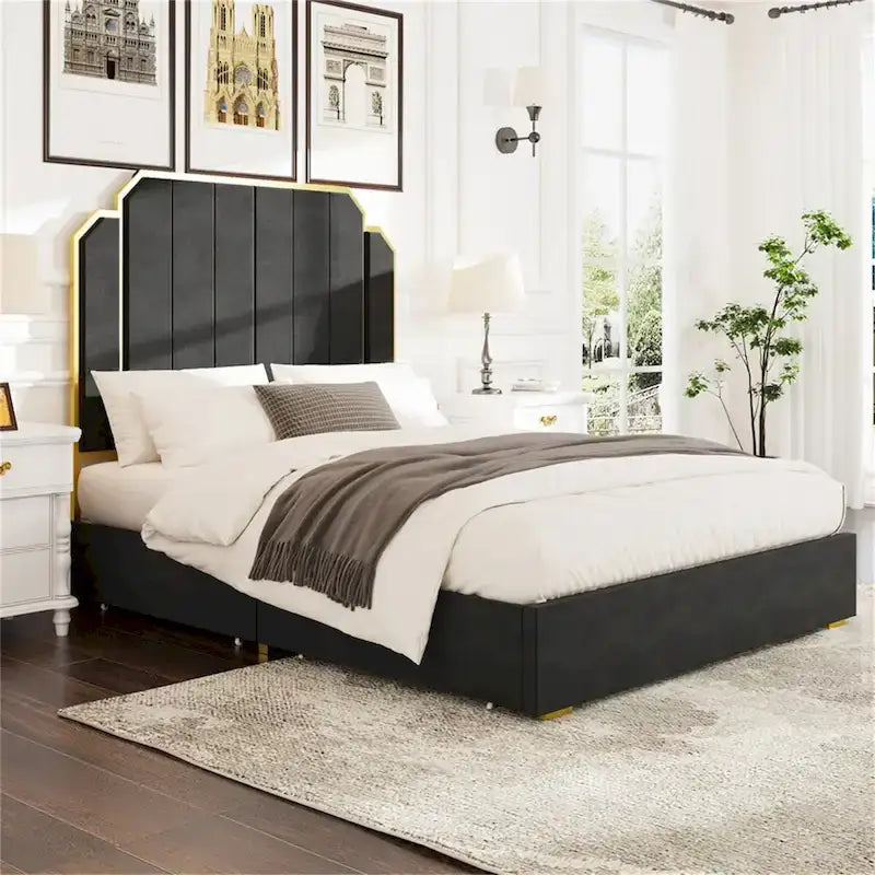 Cadre de lit Queen Size et tête de lit de 59,06 po avec garniture dorée