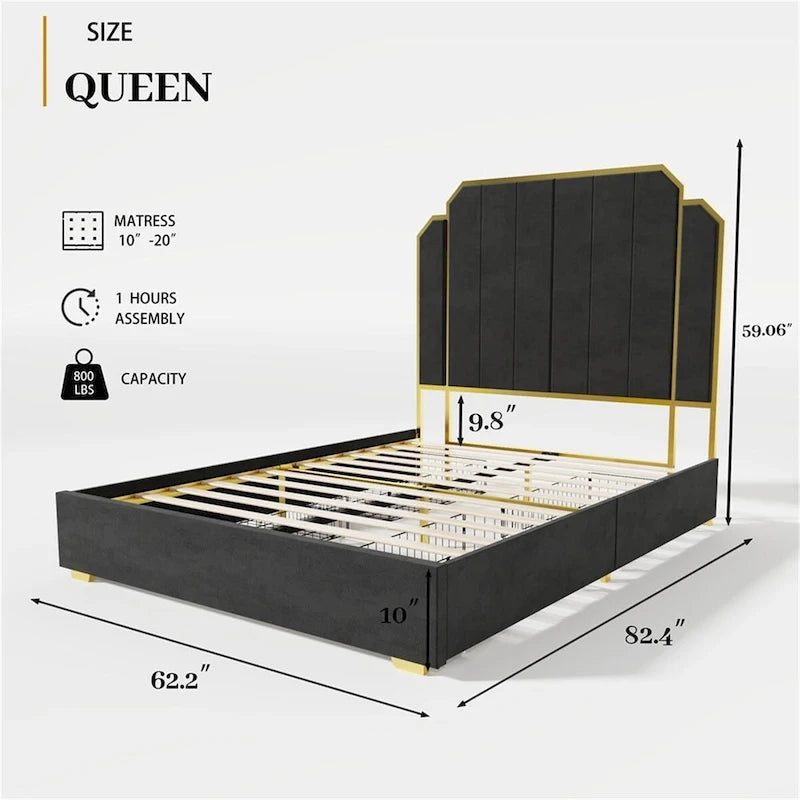 Cadre de lit Queen Size et tête de lit de 59,06 po avec garniture dorée