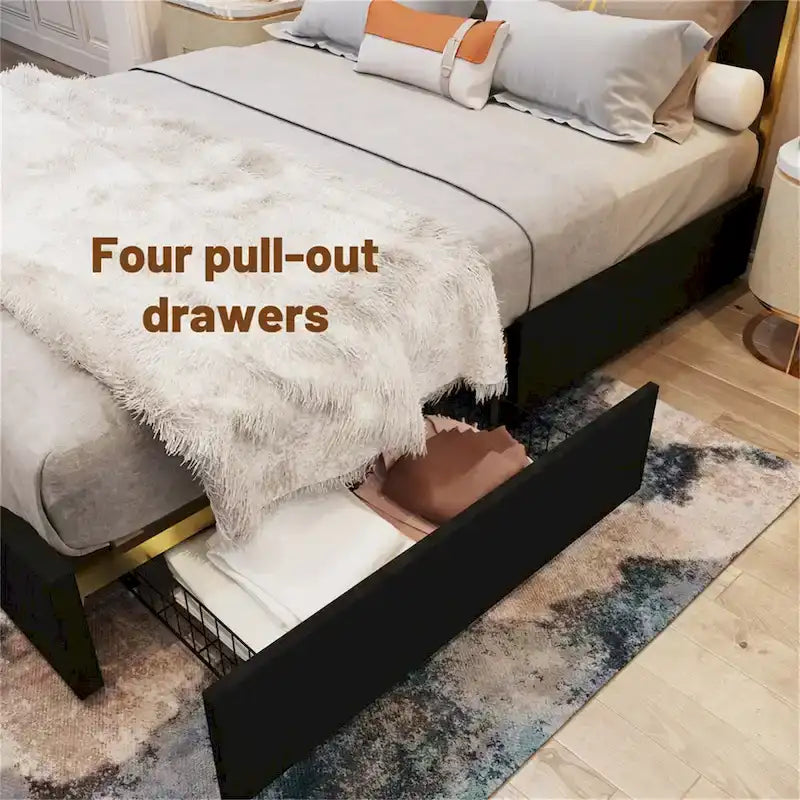 Cadre de lit Queen Size et tête de lit de 59,06 po avec garniture dorée