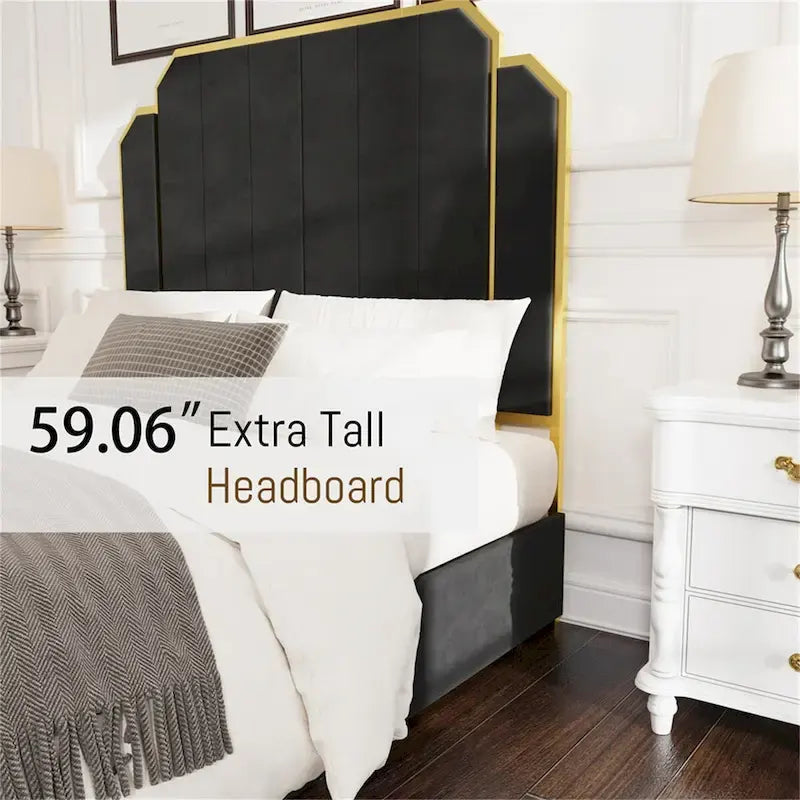 Cadre de lit Queen Size et tête de lit de 59,06 po avec garniture dorée