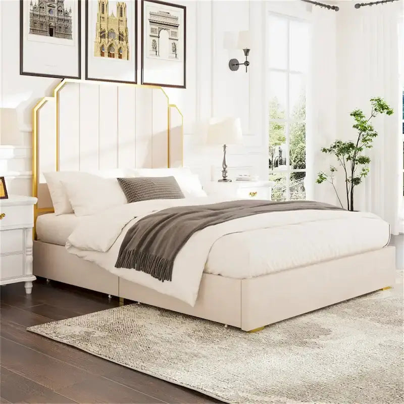 Cadre de lit Queen Size et tête de lit de 59,06 po avec garniture dorée