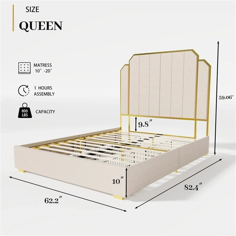 Cadre de lit Queen Size et tête de lit de 59,06 po avec garniture dorée