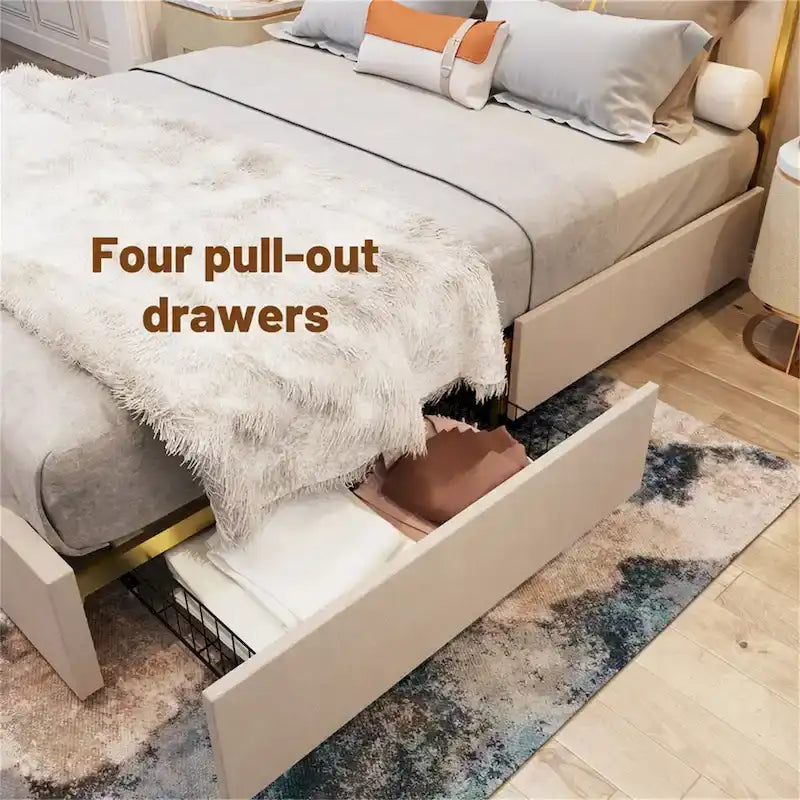 Cadre de lit Queen Size et tête de lit de 59,06 po avec garniture dorée