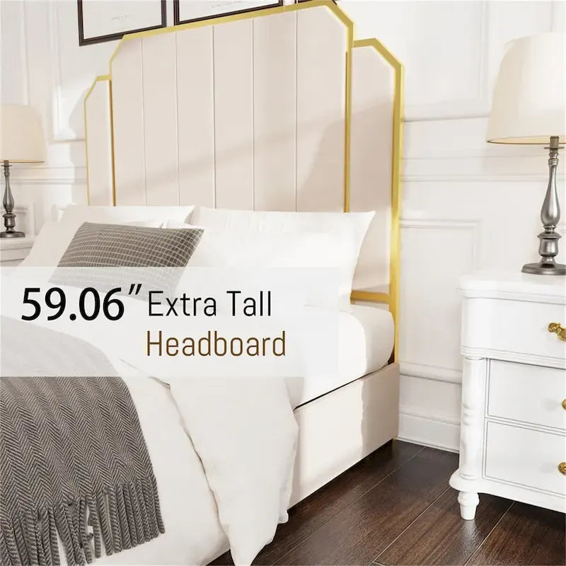 Cadre de lit Queen Size et tête de lit de 59,06 po avec garniture dorée