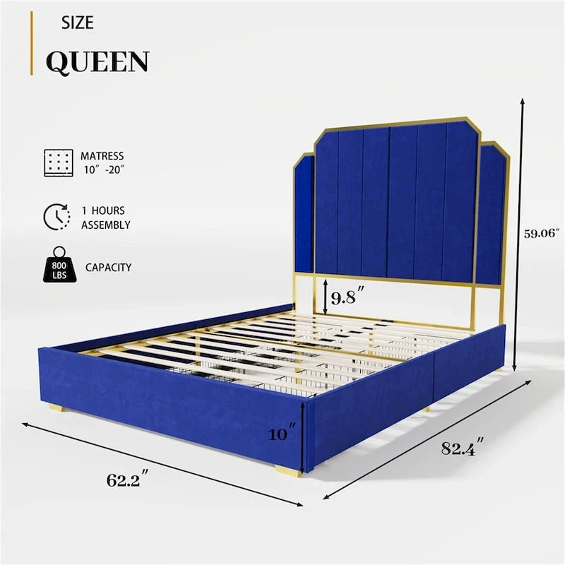 Cadre de lit Queen Size et tête de lit de 59,06 po avec garniture dorée