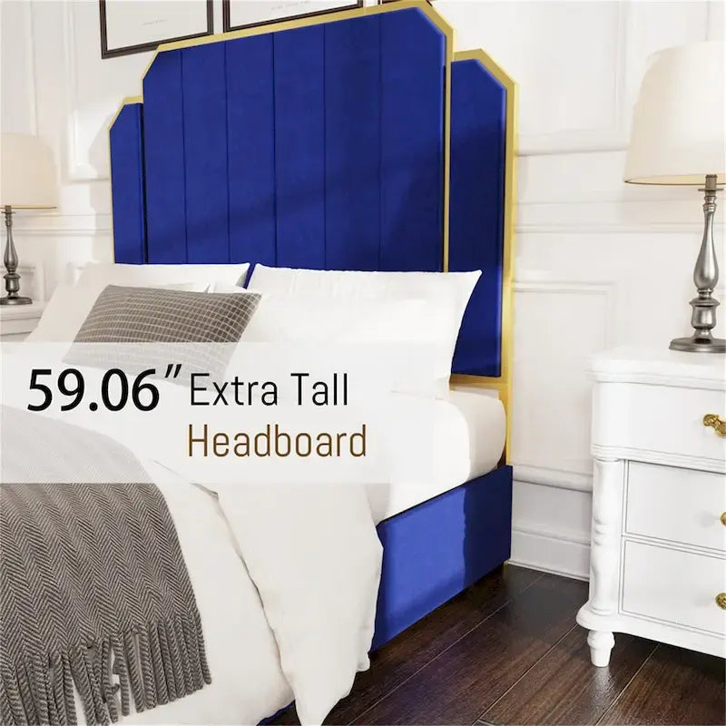 Cadre de lit Queen Size et tête de lit de 59,06 po avec garniture dorée