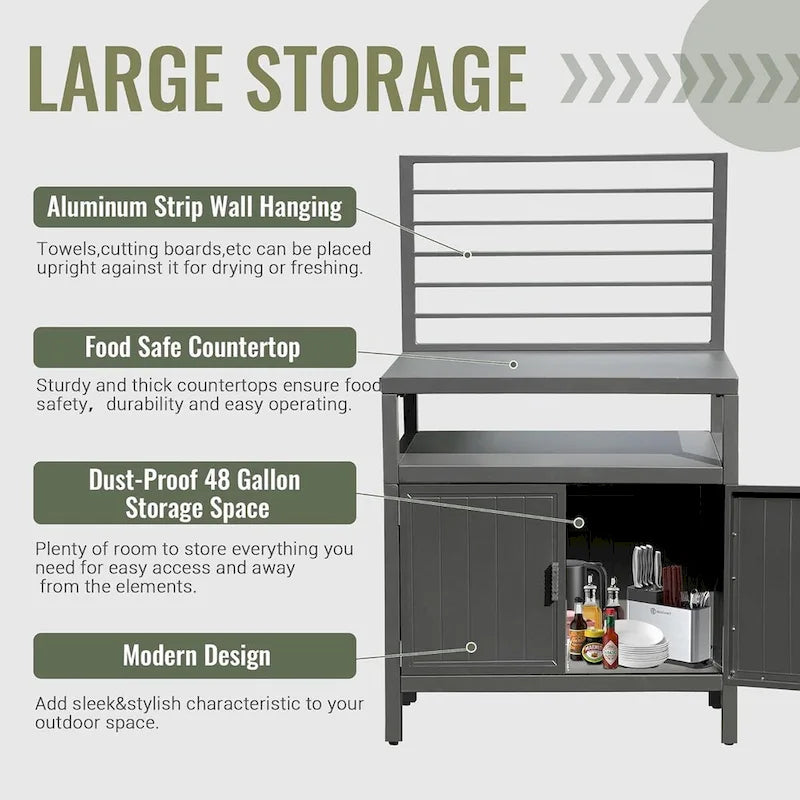 Îlot de rangement de cuisine extérieure en aluminium avec fixation murale, meuble de rangement pour barbecue autoportant