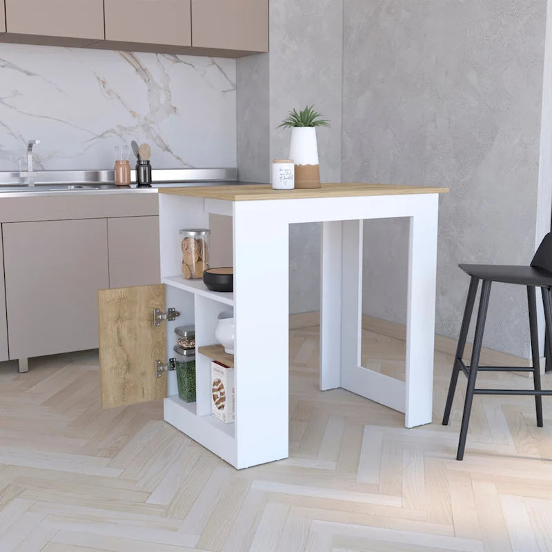 Îlot de cuisine avec armoire à une porte à ouverture par simple pression et étagères latérales