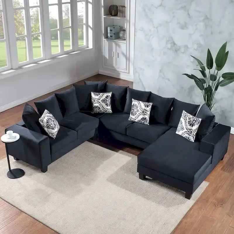 Canapé d'angle moderne en forme de U, canapé en velours avec de nombreux coussins inclus