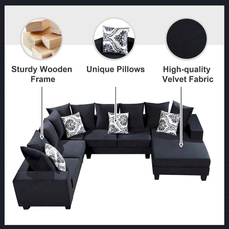 Canapé d'angle moderne en forme de U, canapé en velours avec de nombreux coussins inclus