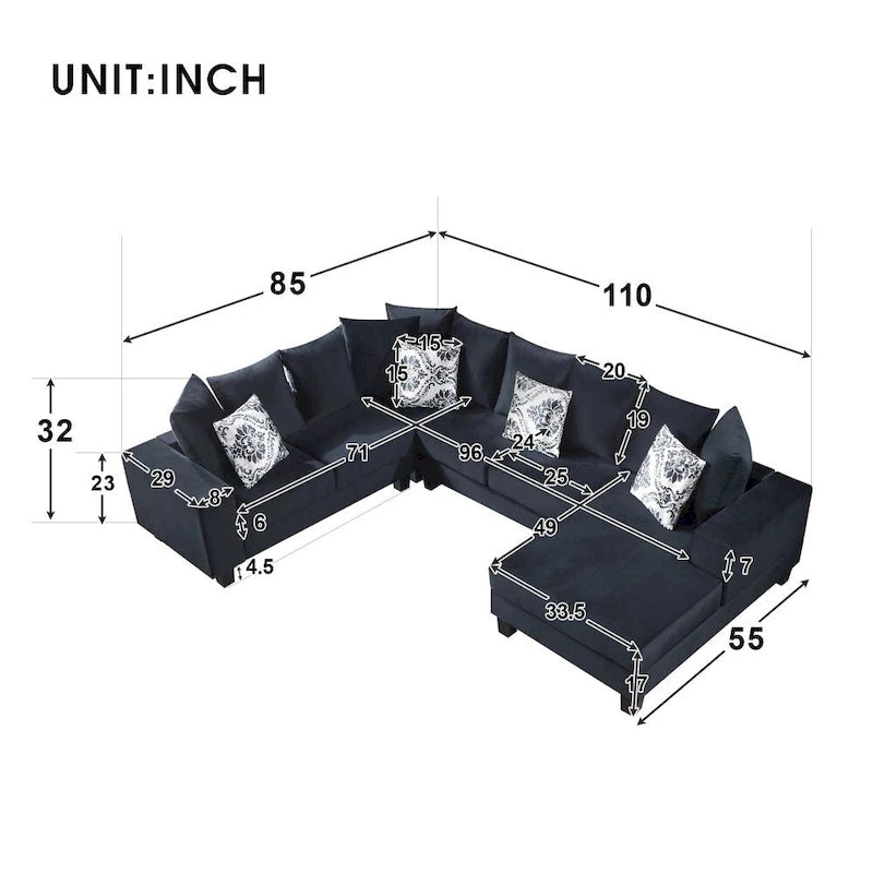 Canapé d'angle moderne en forme de U, canapé en velours avec de nombreux coussins inclus