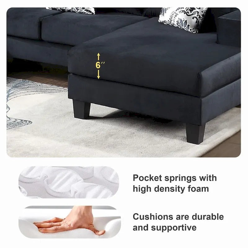 Canapé d'angle moderne en forme de U, canapé en velours avec de nombreux coussins inclus