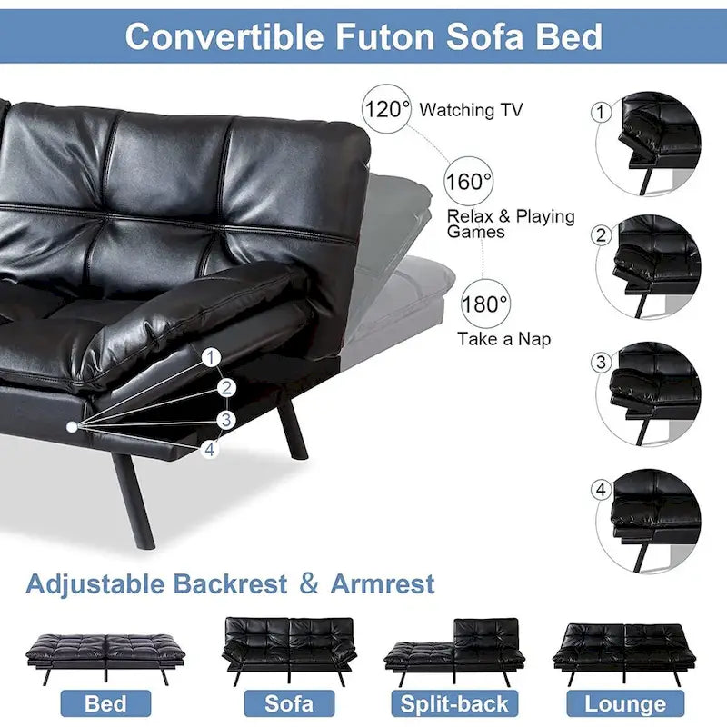 Canapé-lit futon, canapé-lit futon en similicuir et mousse à mémoire de forme, canapé-lit convertible, causeuse-lit pour petits espaces