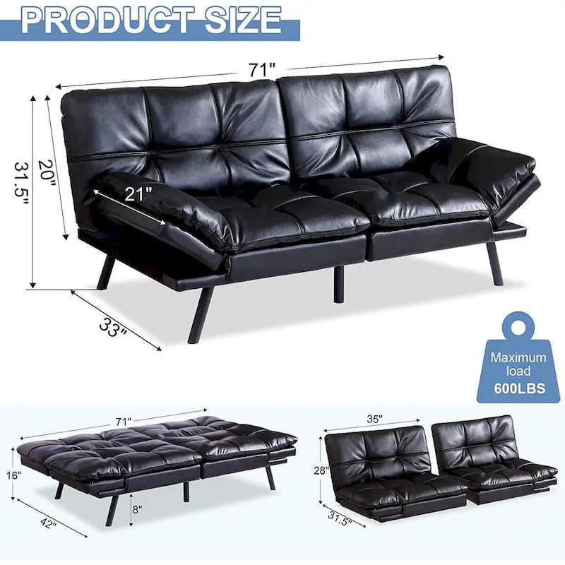 Canapé-lit futon, canapé-lit futon en similicuir et mousse à mémoire de forme, canapé-lit convertible, causeuse-lit pour petits espaces