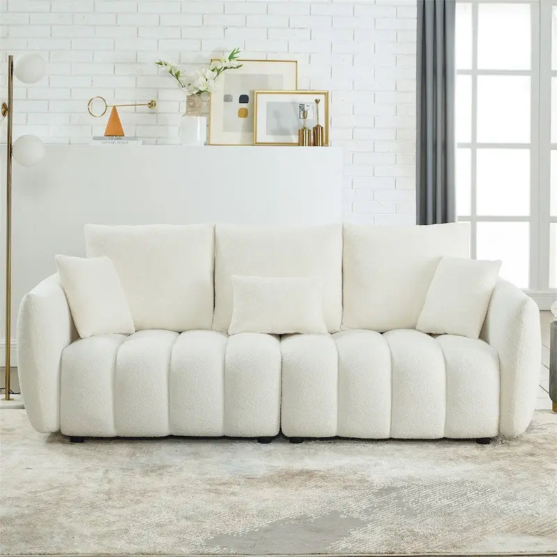 Canapé rembourré en tissu Teddy avec 3 coussins et structure en bois massif