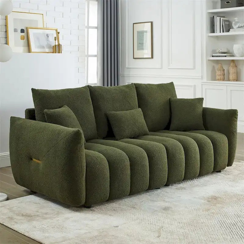 Canapé rembourré en tissu Teddy avec 3 coussins et structure en bois massif