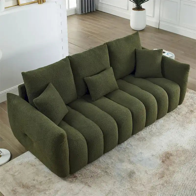 Canapé rembourré en tissu Teddy avec 3 coussins et structure en bois massif