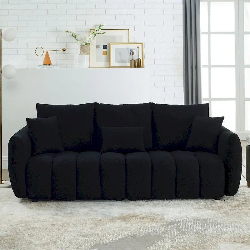 Canapé rembourré en tissu Teddy avec 3 coussins et structure en bois massif