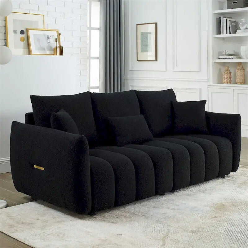 Canapé rembourré en tissu Teddy avec 3 coussins et structure en bois massif