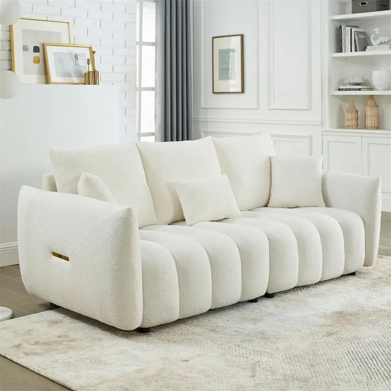 Canapé rembourré en tissu Teddy avec 3 coussins et structure en bois massif