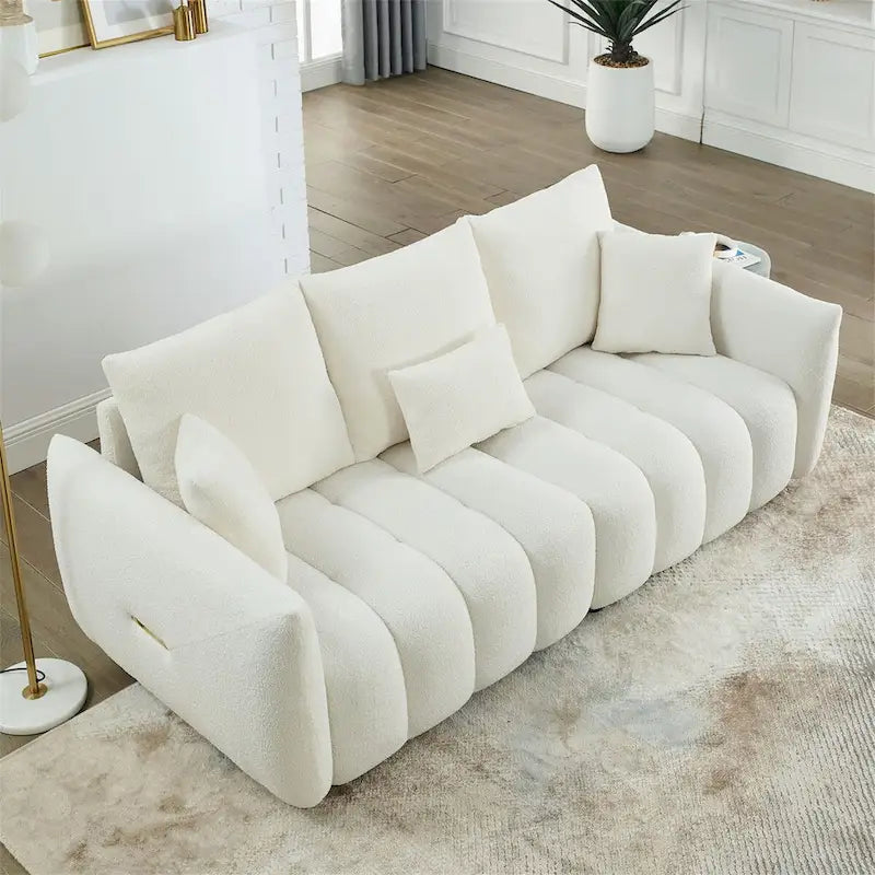 Canapé rembourré en tissu Teddy avec 3 coussins et structure en bois massif