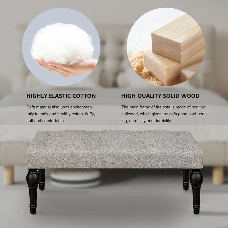 Banc de chevet capitonné de style français, avec pieds en colonnes romaines et pieds épais, idéal pour la chambre, le salon ou l'entrée.