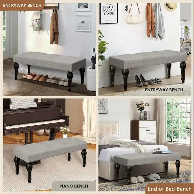 Banc de chevet capitonné de style français, avec pieds en colonnes romaines et pieds épais, idéal pour la chambre, le salon ou l'entrée.