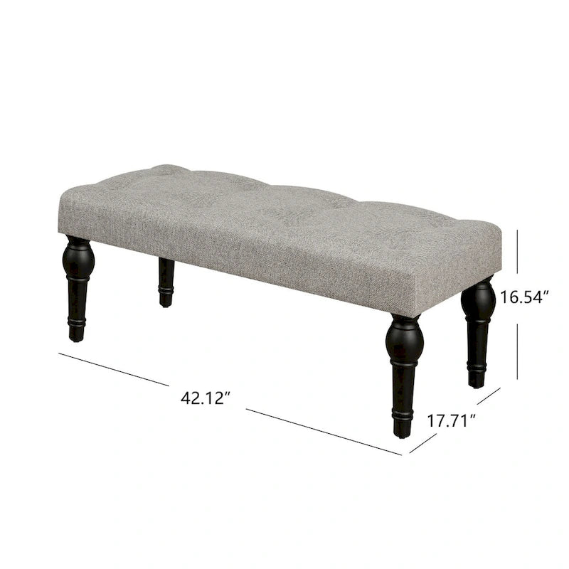 Banc de chevet capitonné de style français, avec pieds en colonnes romaines et pieds épais, idéal pour la chambre, le salon ou l'entrée.