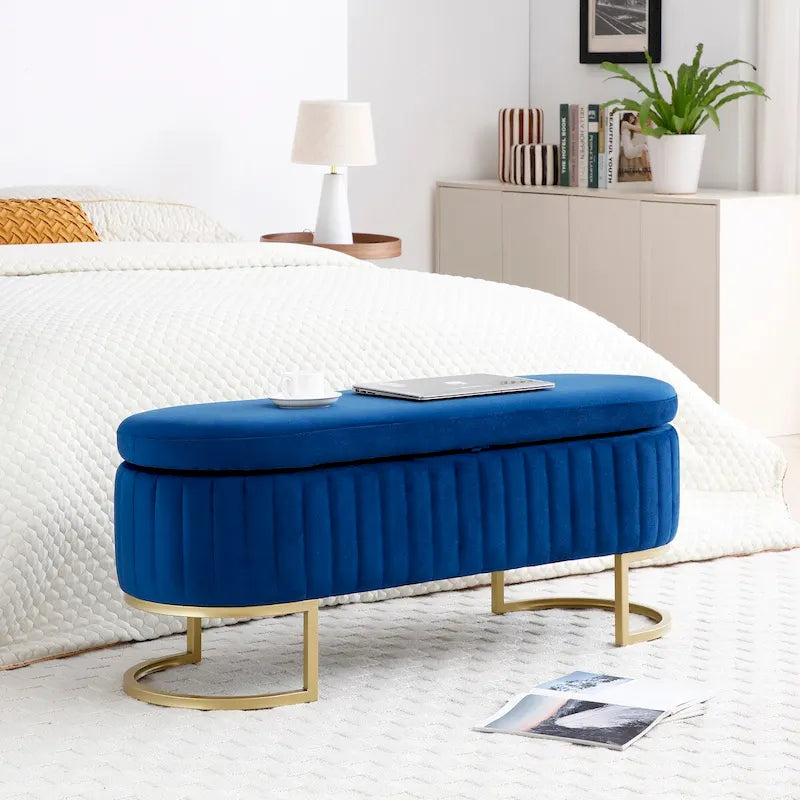 Banc de rangement pour chambre à coucher, banc ovale en velours capitonné au pied du lit avec pieds en métal doré, pouf de rangement de 50 cm