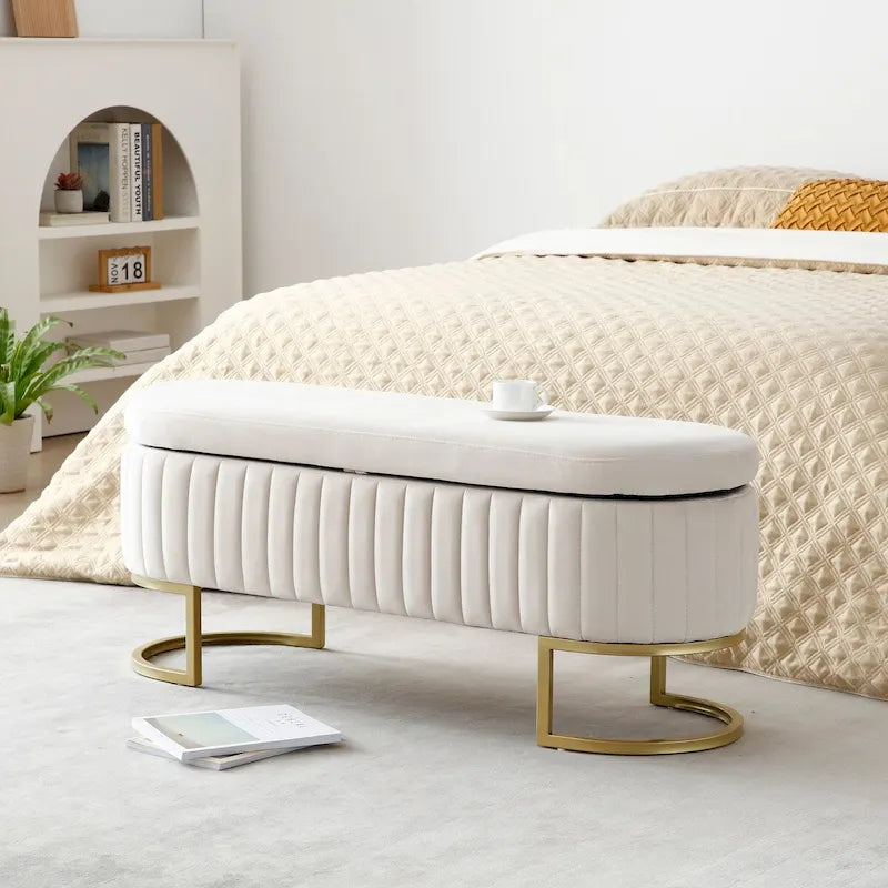 Banc de rangement pour chambre à coucher, banc ovale en velours capitonné au pied du lit avec pieds en métal doré, pouf de rangement de 50 cm